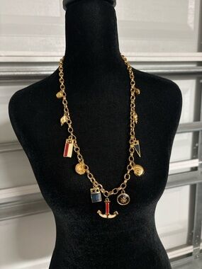 Gold-Tone Nautical Charm Necklace with Red, Navy & Black Accents